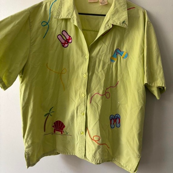 Vintage Embroidered Vacation Short Sleeve Lime green Cotton Hawaiian shirt - XL - Picture 1 of 8